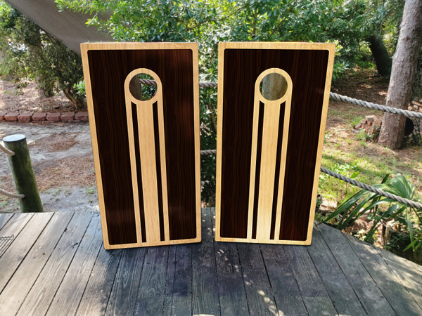 Cornhole boards featuring a natural wood grain design