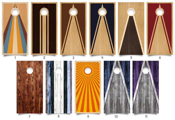 Cornhole boards featuring natural wood grain designs