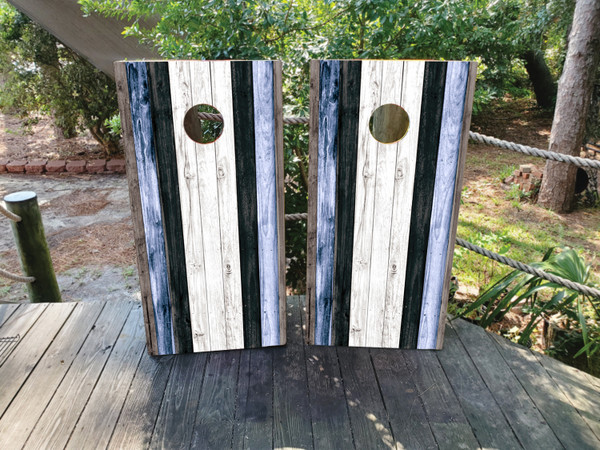 "Navy Blue and White Natural Wood Grain Cornhole Boards Design 10 featuring rustic wood texture with navy and white color scheme"