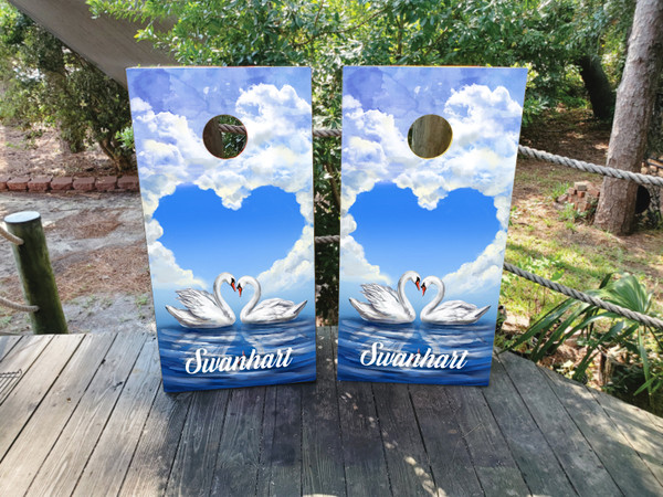 "Custom Wedding Professional Cornhole Boards featuring personalized names and date with elegant beach wedding design"