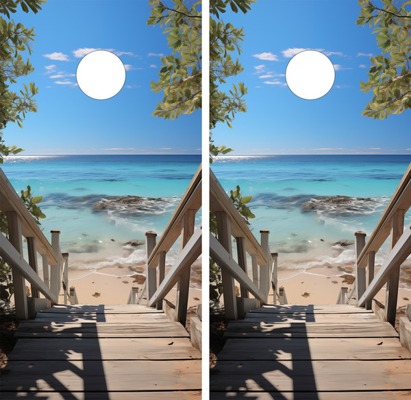 "Bright Beach Deck Professional Cornhole Boards featuring colorful deck chairs, ocean view, and vibrant tropical beach scene"