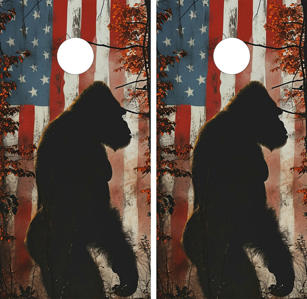 cornhole boards featuring big foot in the woods on a USA flag