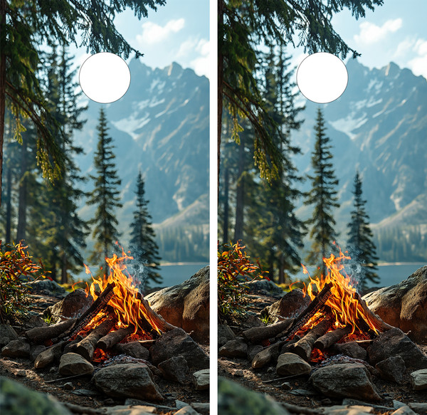 Pair of cornhole boards featuring a realistic campfire scene in the foreground, surrounded by rocks and pine trees, with snow-capped mountains and a clear blue lake in the background.