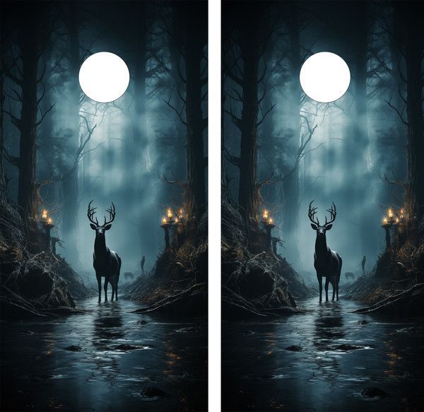 Pair of cornhole boards featuring a dramatic nighttime forest scene with a majestic stag standing in shallow water, illuminated by moonlight and surrounded by glowing candles in a misty, enchanted woodland.