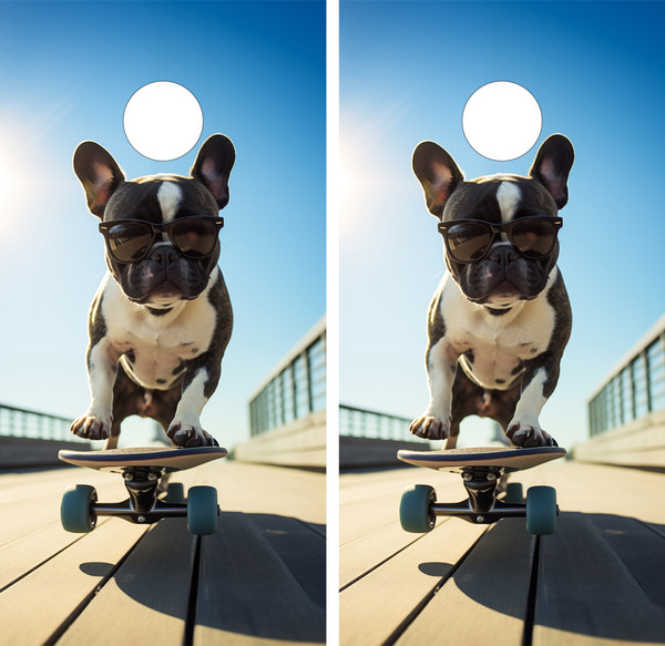 cornhole boards featuring a Skateboarding Frenchie Bulldog