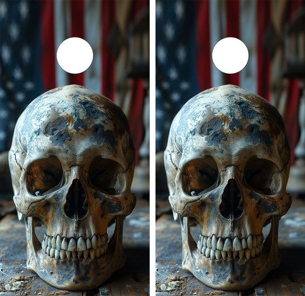 Pair of cornhole boards featuring a weathered, realistic human skull in the foreground with a blurred vintage American flag in the background, creating a gritty, patriotic atmosphere.