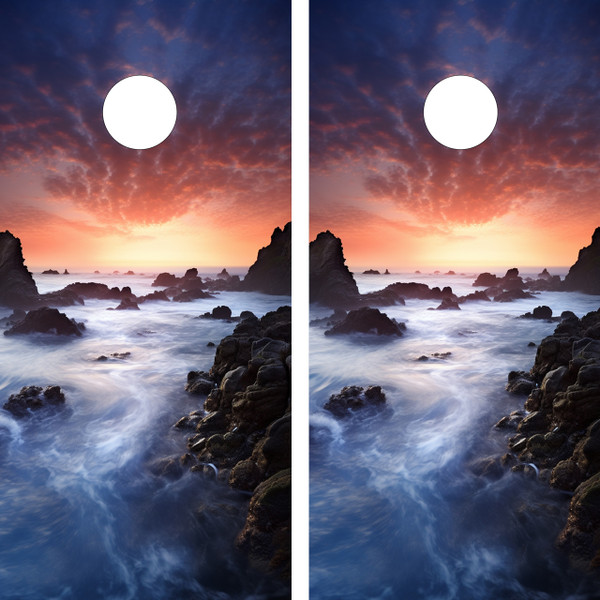 "Waterway Professional Cornhole Boards featuring peaceful coastal water scene with boats, palm trees, and tropical landscape"