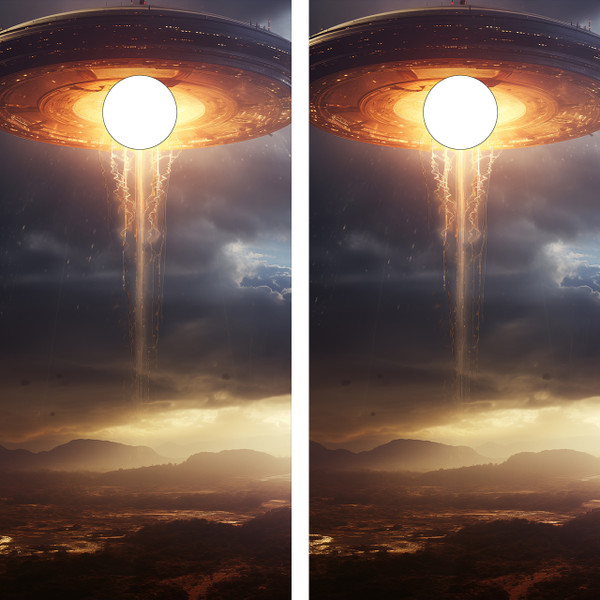 "Alien Abduction Cornhole Boards Design 2 featuring UFO beaming up a figure with outer space background and sci-fi theme"