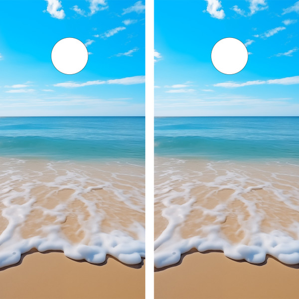 "Life on the Beach Cornhole Boards Design 1 featuring serene tropical beach scene with palm trees and ocean waves"