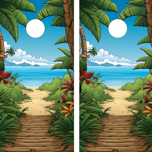"Beach Walk Professional Cornhole Boards featuring sandy beach path with footprints, ocean waves, and coastal scenery"