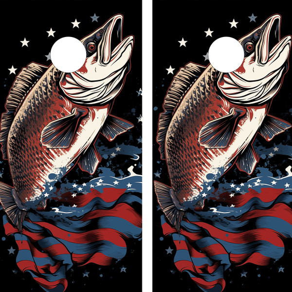 "USA Fishing Cornhole Boards Design 1 featuring patriotic fishing-themed design with American flag elements and outdoor sports theme"