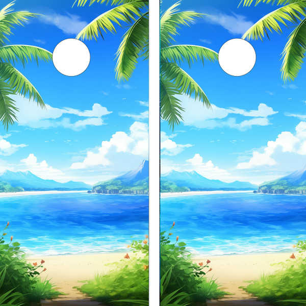 "Life on the Beach Professional Cornhole Boards featuring relaxed tropical beach scene with palm trees and ocean waves"