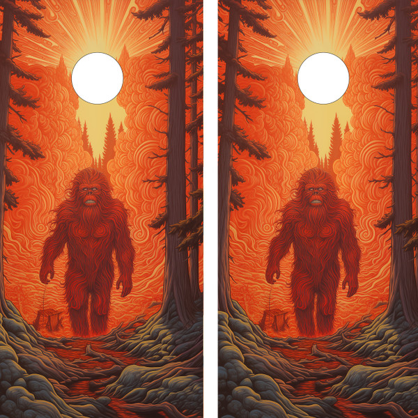 "Artistic Bigfoot Cornhole Boards Design 1 featuring colorful abstract Bigfoot illustration with vibrant patterns and forest background"