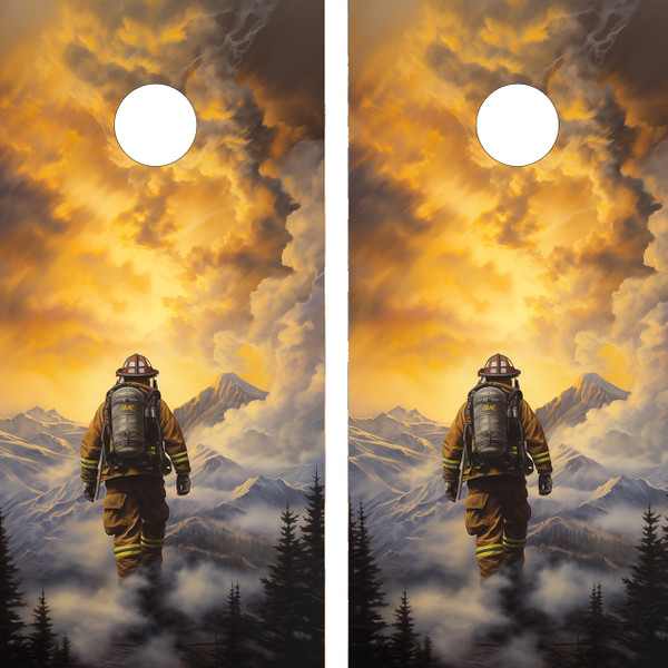 Embrace the courageous spirit of wildlands firefighters with our striking cornhole boards, showcasing their valor against the backdrop of nature.