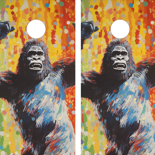 "Dancing Bigfoot Cornhole Boards Design 7 featuring playful Bigfoot silhouette with colorful background and forest scenery"