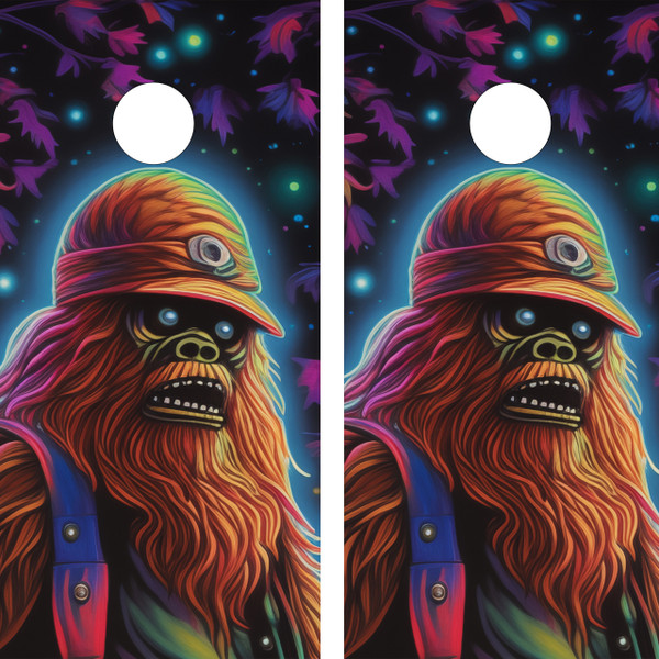 "Space Bigfoot Cornhole Boards Design 8 featuring Bigfoot silhouette with galaxy background, stars, and cosmic night sky"