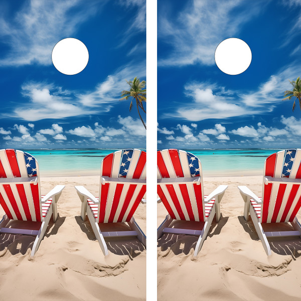 "USA Beach Chairs Professional Cornhole Boards featuring patriotic American flag design with beach chair and coastal theme"