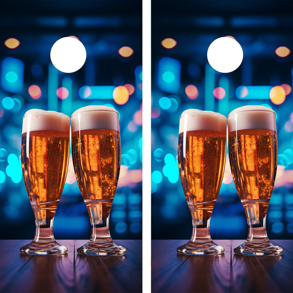 "Beer Glasses Cornhole Boards Design 1 featuring frosty beer mugs, rustic wood background, and bar-style theme"