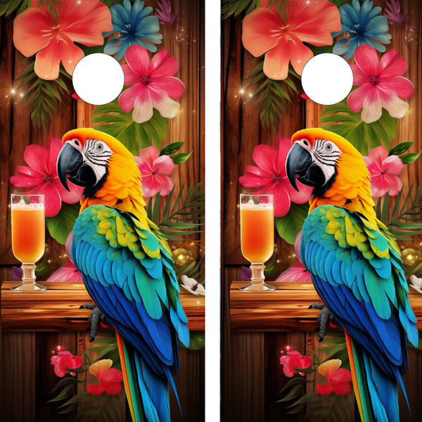 "Tropical Parrot Professional Cornhole Boards featuring vibrant parrot illustration with tropical foliage and beach background"