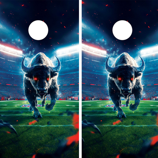 "Buffalo Football and Stadium Cornhole Boards featuring illustration of Buffalo football stadium with team colors and dynamic sports design" "Buffalo Football and Stadium Cornhole Boards featuring illustration of Buffalo football stadium with team colors and dynamic sports design"