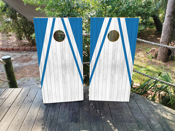 "Detroit Sports Colors Cornhole Boards Design 3 featuring bold blue and silver color scheme inspired by Detroit sports teams with dynamic design"