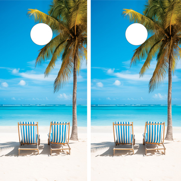 "Beach Chair Professional Cornhole Boards featuring tropical beach scene with lounge chair and palm trees design"