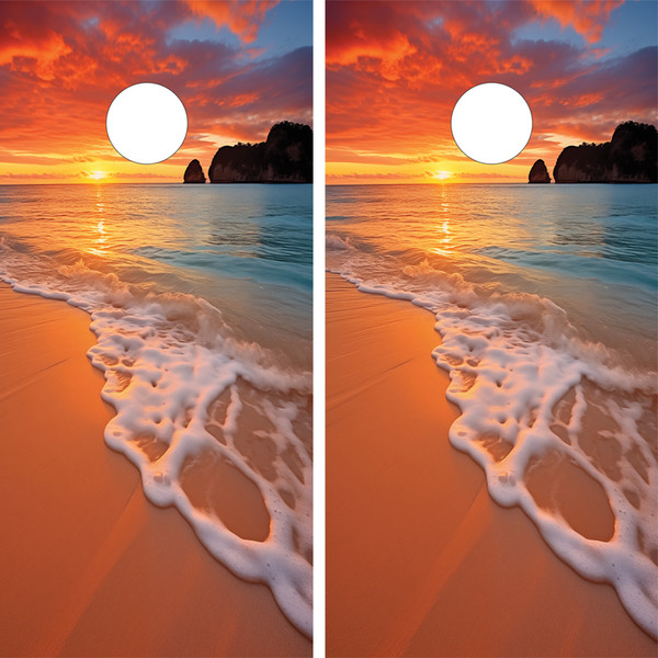 "Pink and Orange Beach Sunset Professional Cornhole Boards featuring vibrant tropical sunset with palm trees and ocean waves"