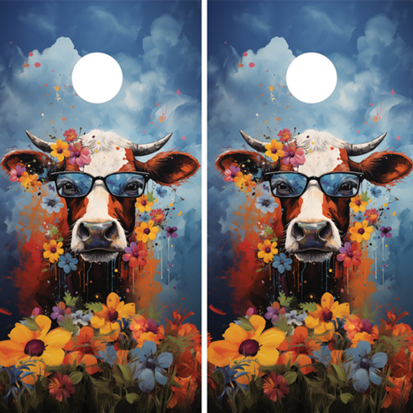 "Cow Cornhole Boards featuring close-up cow illustration with rustic farm theme and natural wood background" "Cow Cornhole Boards featuring close-up cow illustration with rustic farm theme and natural wood background"