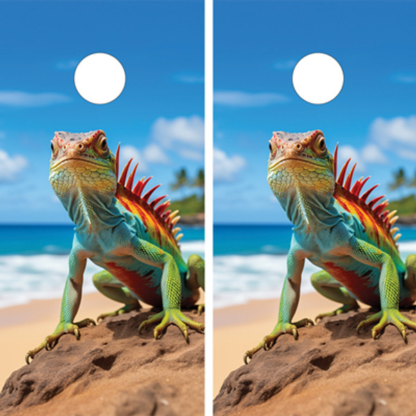 Two cornhole wraps featuring a vibrant iguana with striking red and green colors perched on a rock, set against a tropical beach scene with blue skies and palm trees