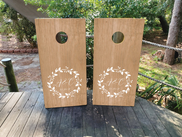 Woodgrain wedding cornhole boards