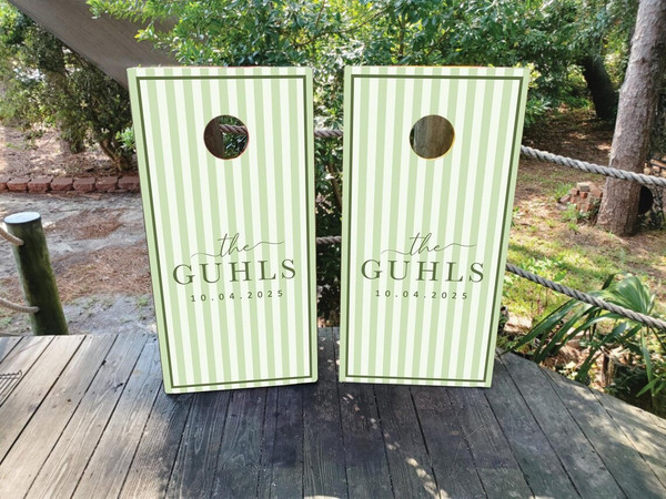 green and cream wedding cornhole boards