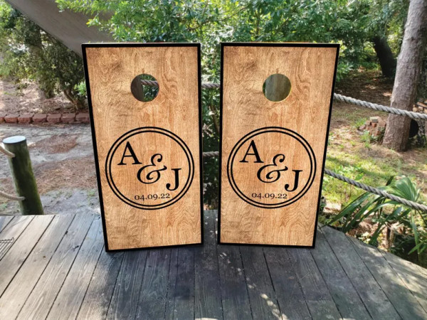 wood grain wedding cornhole boards