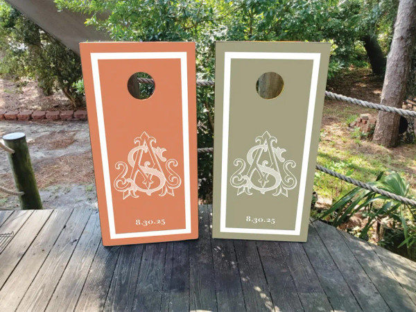dusty pink and green wedding cornhole boards