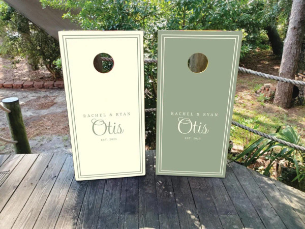 dusty green and cream wedding cornhole boards