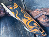 ORANGE/BLACK G-10 BURL, POLISHED/STONEWASHED BLADE, BLACK BACKSPACER