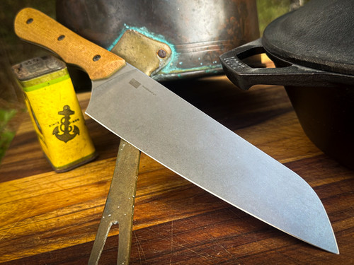 1ST RUN *CUSTOM SHOP* MAGNACUT CHEF'S KNIFE W/ NATURAL JUTE MICARTA SCALES/OD GREEN MICARTA LINERS