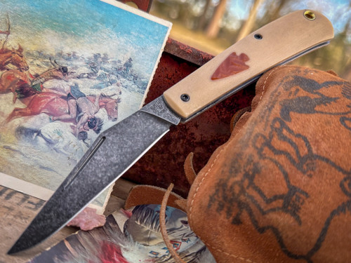 Marshland Trapper Apache *Knapped*(Bone Linen Micarta w/ Natural Paper Arrowhead Shield/Blackout Finish) Custom Drop