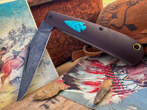 Marshland Trapper Apache *Knapped*(Dark Brown Paper Micarta w/ Teal G-10 Arrowhead Shield/Blackout Finish) Custom Drop