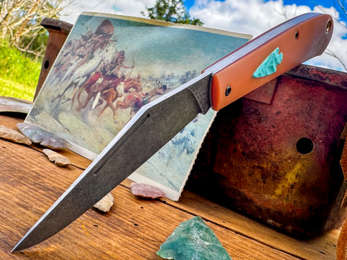 Marshland Trapper Apache *Knapped*(Butterscotch Paper Micarta w/ Teal G-10 Arrowhead Shield/Blackout Blade) Custom Drop