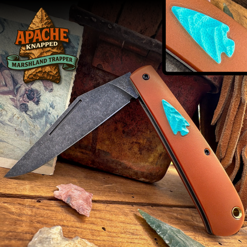 Marshland Trapper Apache *Knapped*(Butterscotch Paper Micarta w/ Teal G-10 Arrowhead Shield/Blackout Blade) Custom Drop