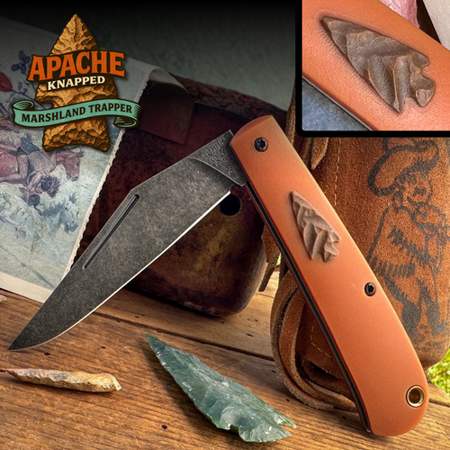 Marshland Trapper Apache *Knapped*(Butterscotch Paper Micarta w/ Roux Paper Micarta Arrowhead Shield/Blackout Blade) Custom Drop