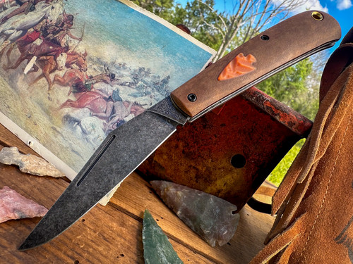 Marshland Trapper Apache *Knapped*(Roux Paper Micarta w/ Butterscotch Paper Micarta Arrowhead Shield/Blackout Blade) Custom Drop