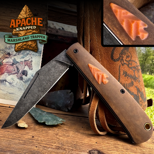 Marshland Trapper Apache *Knapped*(Roux Paper Micarta w/ Butterscotch Paper Micarta Arrowhead Shield/Blackout Blade) Custom Drop