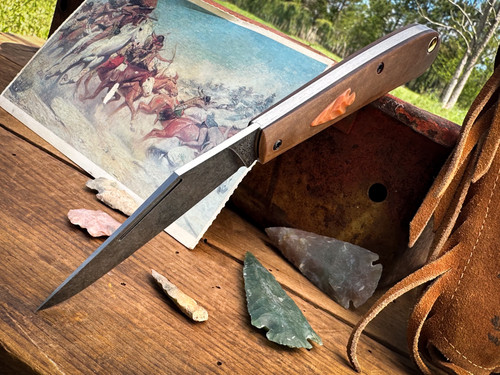 Marshland Trapper Apache *Knapped*(Roux Paper Micarta w/ Butterscotch Paper Micarta Arrowhead Shield/Blackout Blade) Custom Drop