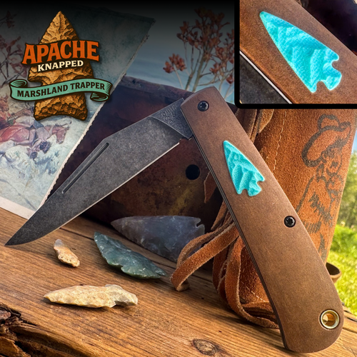 Marshland Trapper Apache *Knapped*(Roux Paper Micarta w/ Teal G-10  Arrowhead Shield/Blackout Blade) Custom Drop