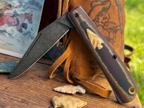 Marshland Trapper Apache *Knapped*(Deep Autumn Micarta w/ Bone Linen Micarta  Arrowhead Shield/Blackout Blade) Custom Drop