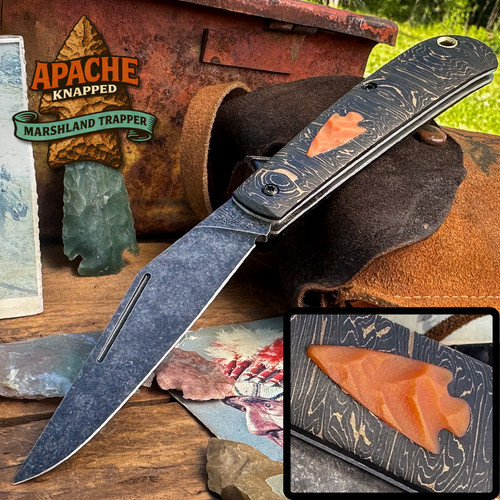 Marshland Trapper Apache *Knapped*(Light Gold Fatcarbon w/ Butterscotch Paper Micarta  Arrowhead Shield/Blackout Blade) Custom Drop