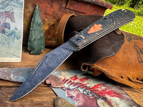 Marshland Trapper Apache *Knapped*(Light Gold Fatcarbon w/ Butterscotch Paper Micarta  Arrowhead Shield/Blackout Blade) Custom Drop