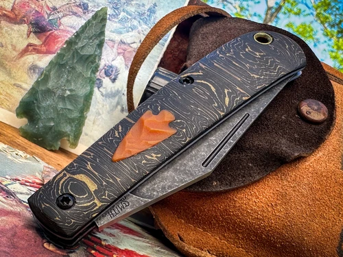 Marshland Trapper Apache *Knapped*(Light Gold Fatcarbon w/ Butterscotch Paper Micarta  Arrowhead Shield/Blackout Blade) Custom Drop