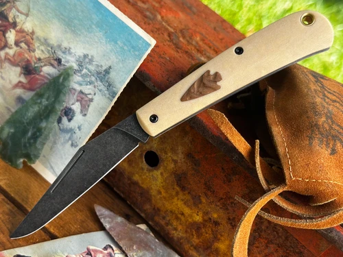 Marshland Trapper Apache *Knapped*(Bone Linen Micarta w/ Roux Paper Arrowhead Shield/Blackout Finish) Custom Drop